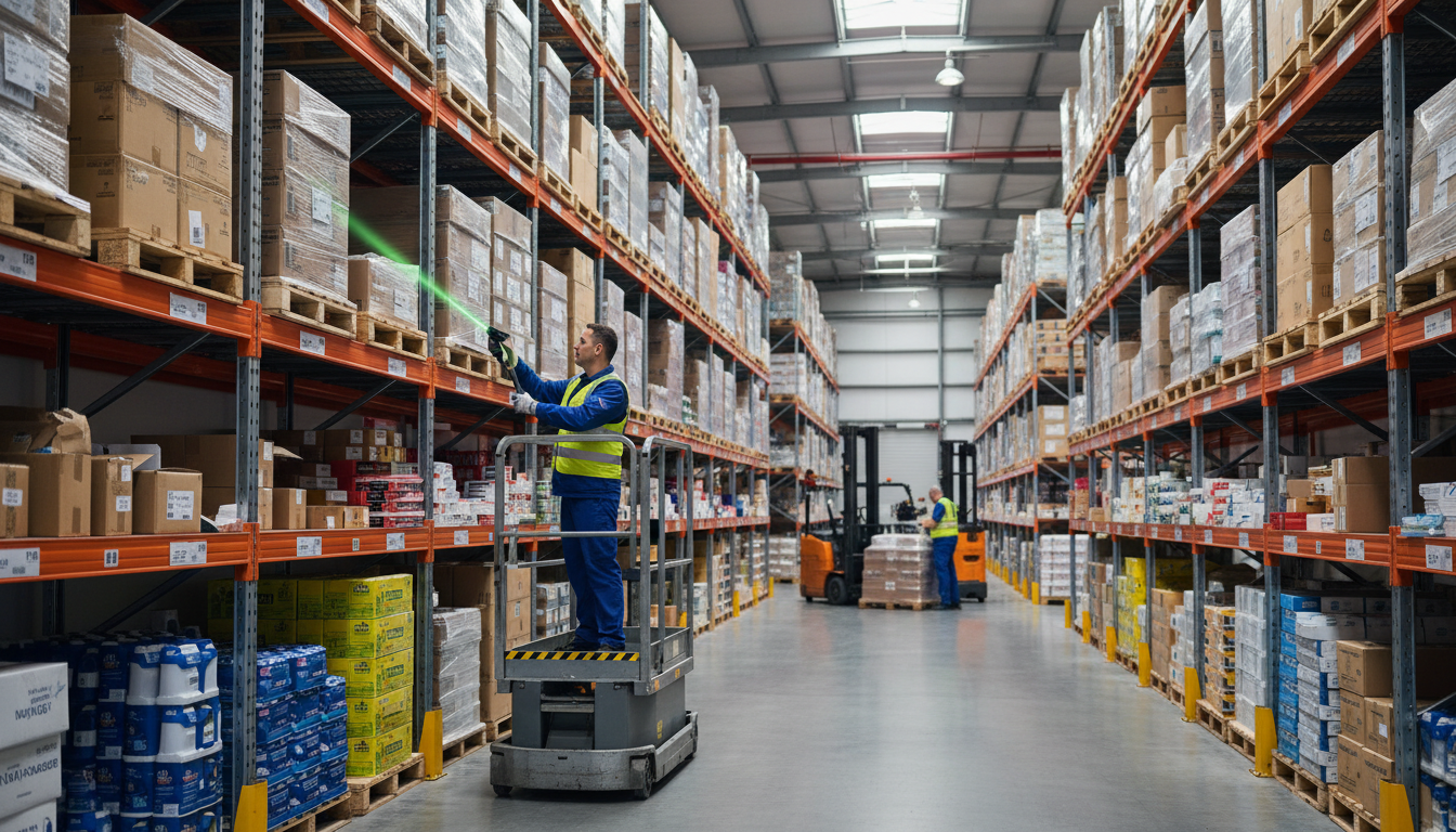 A professional photograph of a modern warehouse interior with organized shelves stocked with packaged products and a worker scanning barcodes using a handheld device