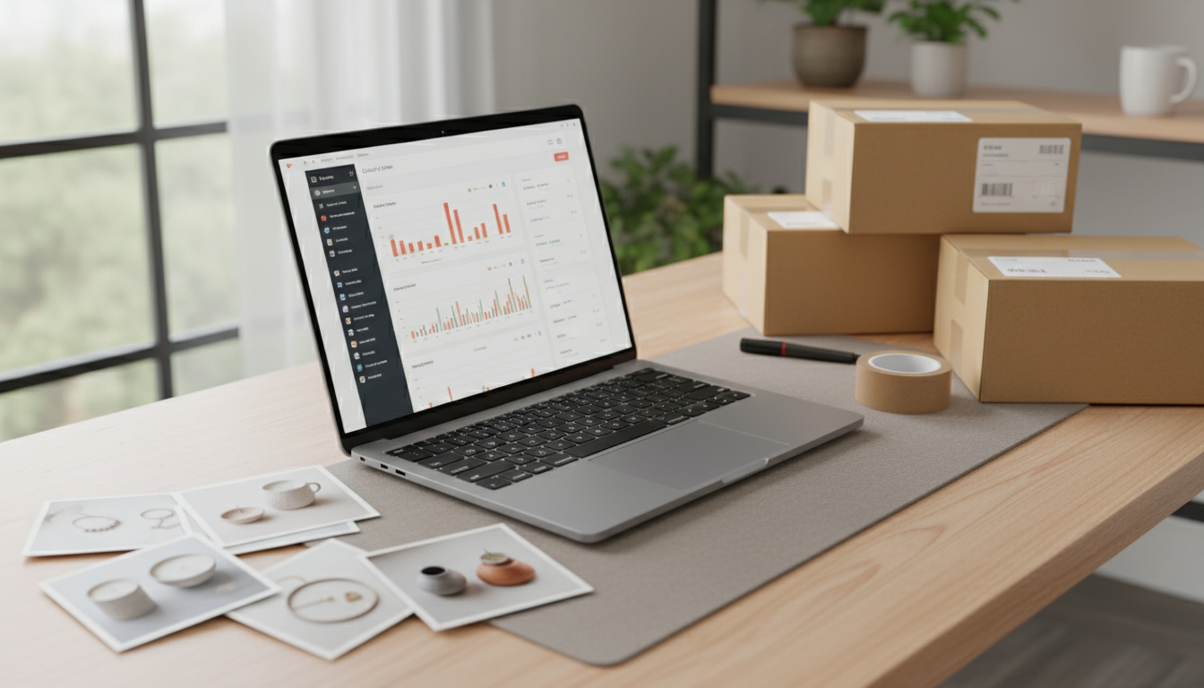 A clean modern workspace with a laptop displaying an online store dashboard, surrounded by product photos and shipping boxes in soft lighting