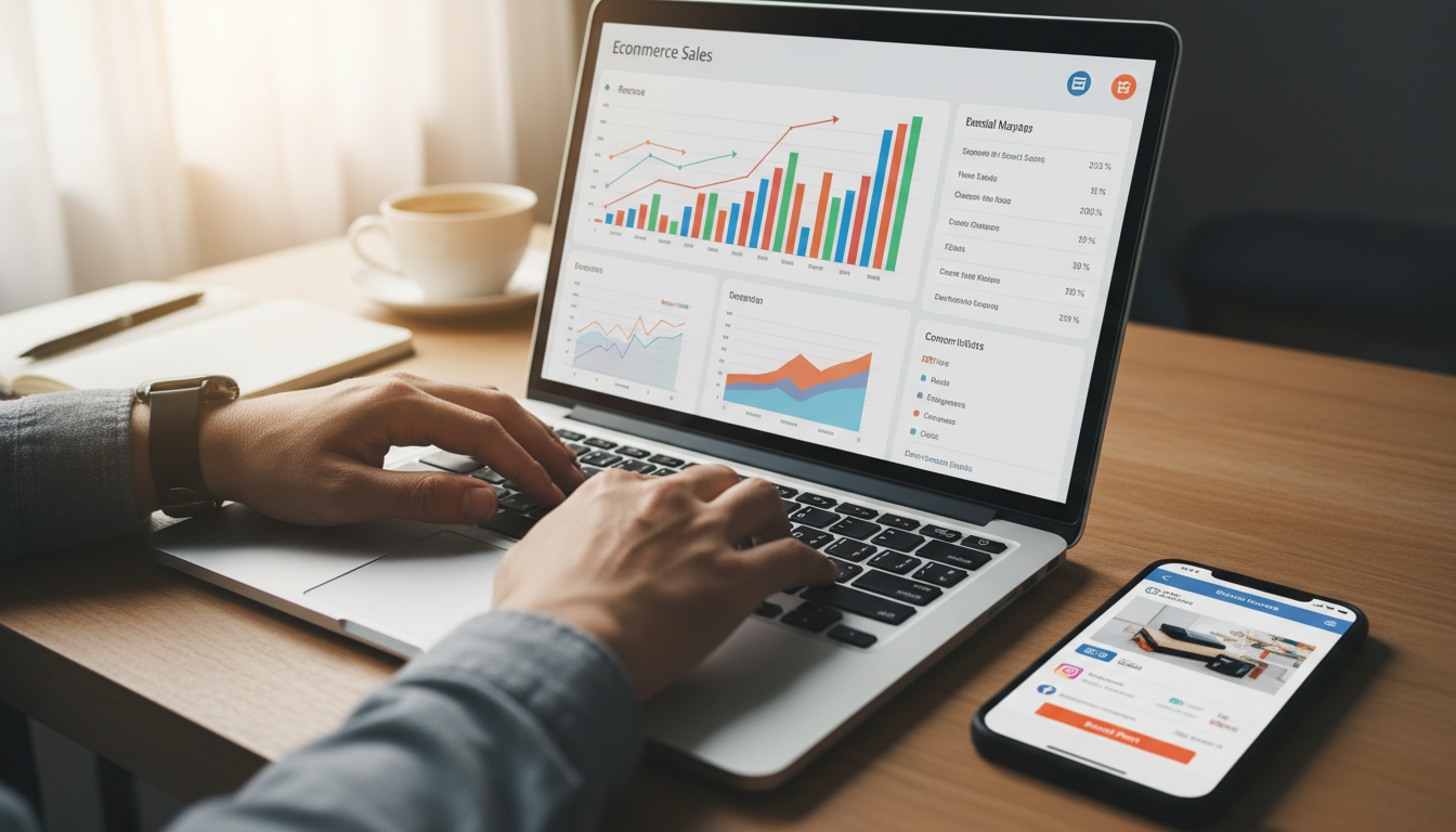 A professional photograph of hands typing on a laptop with ecommerce analytics graphs on the screen and a smartphone showing social media marketing campaigns
