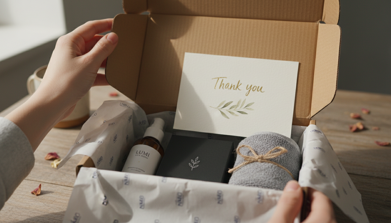 A close-up photorealistic image of a branded shipping box being opened to reveal custom tissue paper, a thank-you card, and neatly packaged products inside