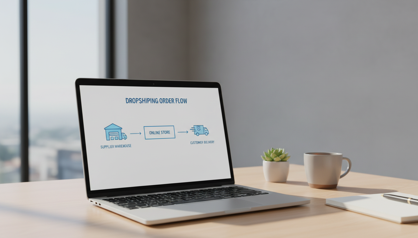 Clean minimal workspace showing laptop displaying dropshipping order flow diagram with supplier warehouse and customer delivery icons