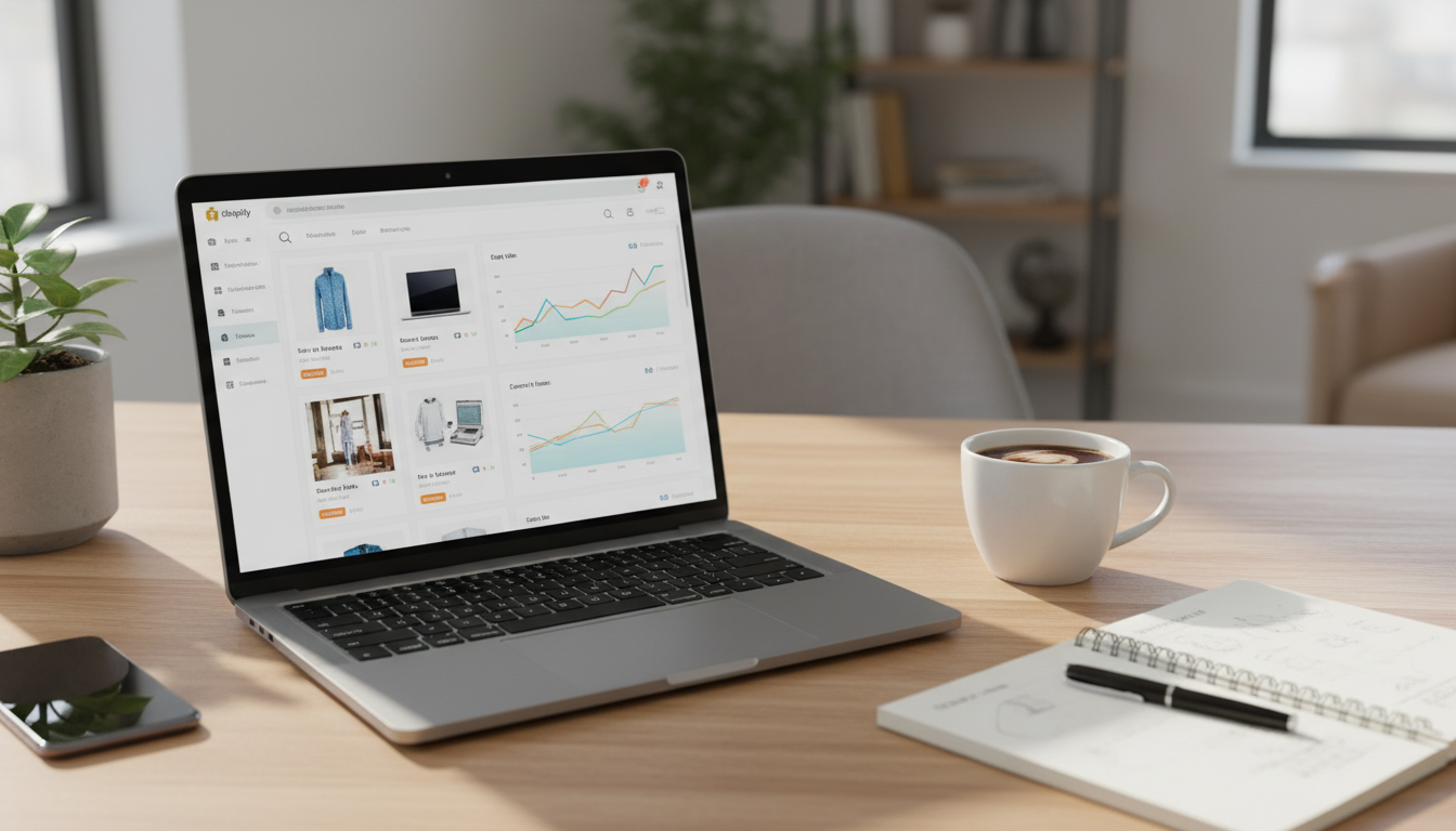 Professional photograph of a modern laptop displaying a Shopify dashboard with product listings and analytics graphs on a clean desk with coffee and notebook