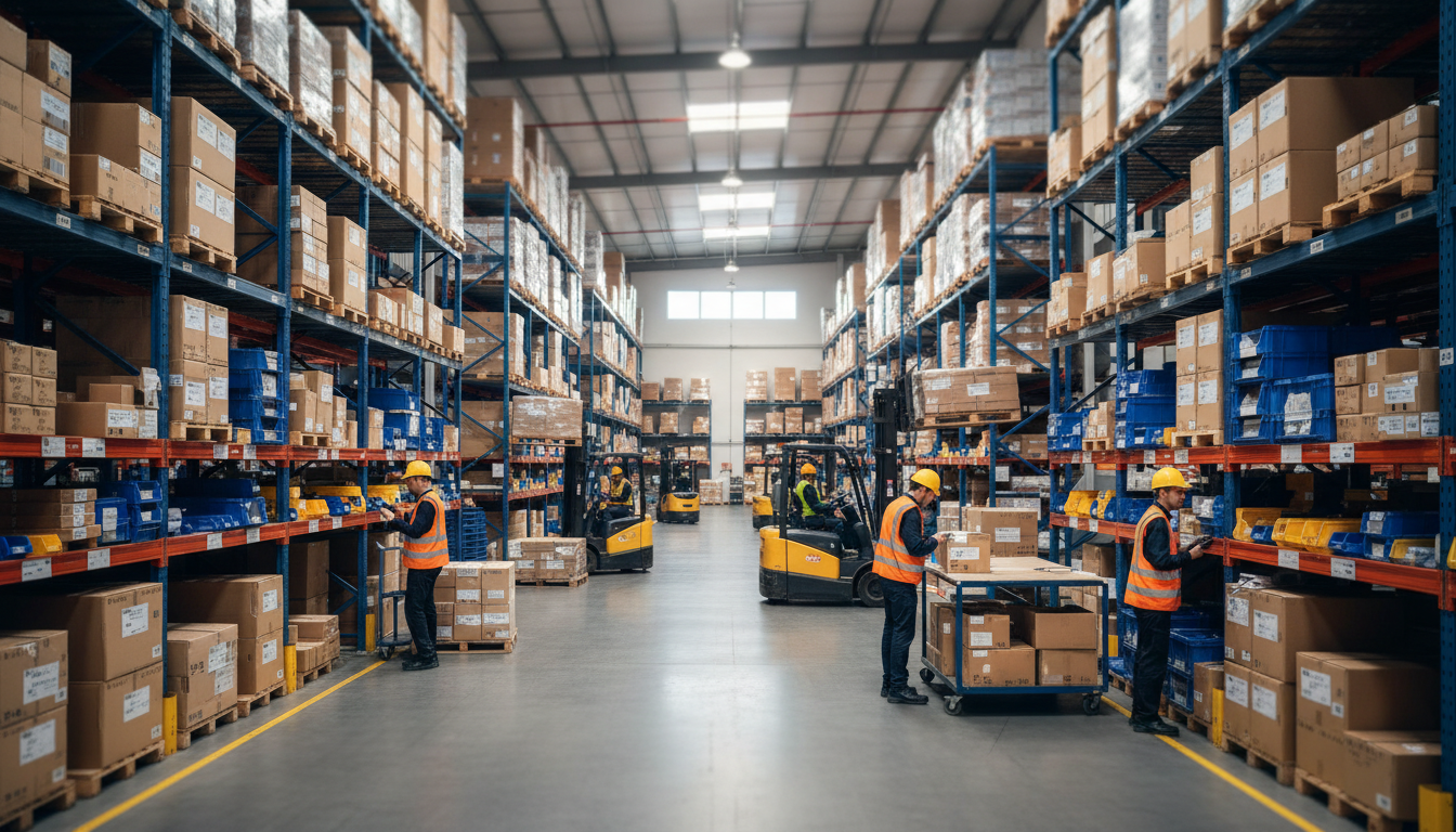Modern warehouse interior with organized inventory shelves, forklifts, and workers processing ecommerce orders in a busy fulfillment center
