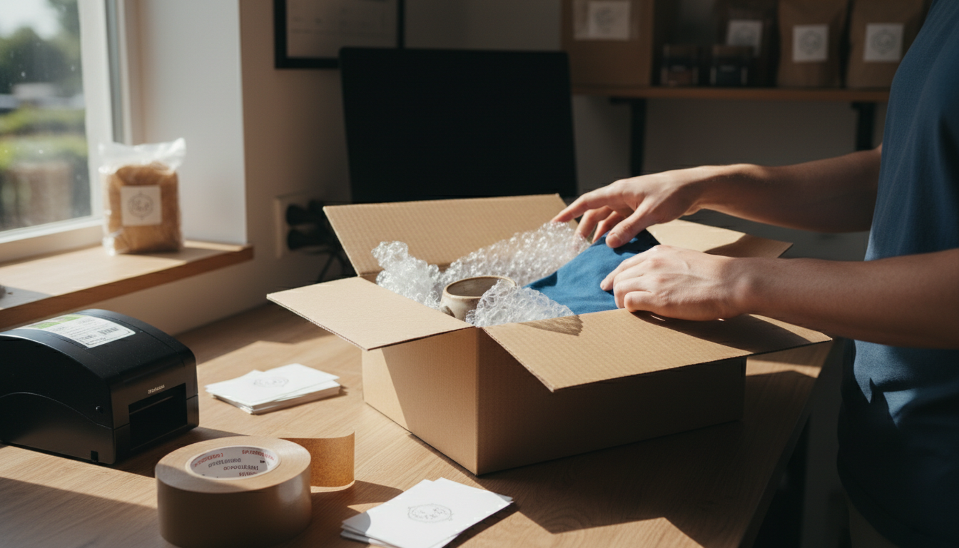 Close-up photograph of hands packing an ecommerce order into a cardboard shipping box with protective bubble wrap and packing materials