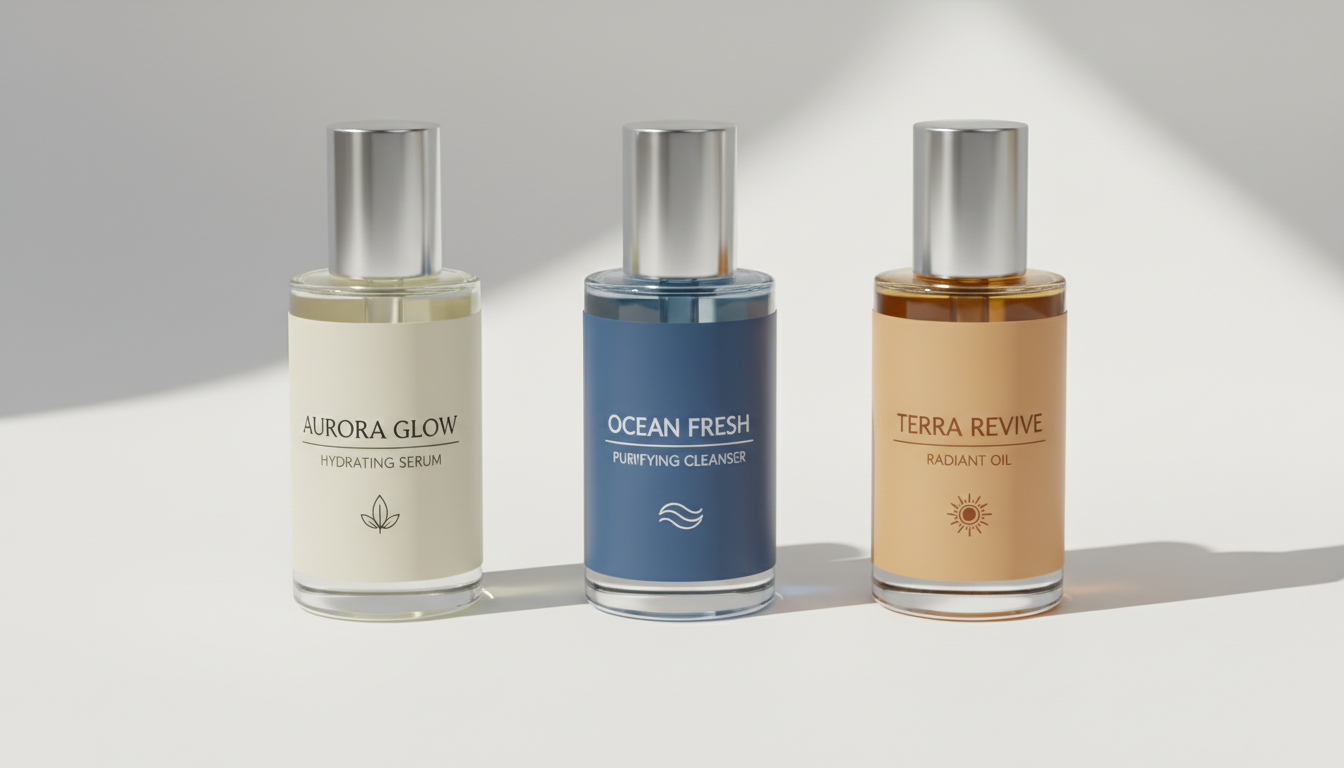 A close-up product photography shot showing identical bottles with different branded labels side by side on a white surface