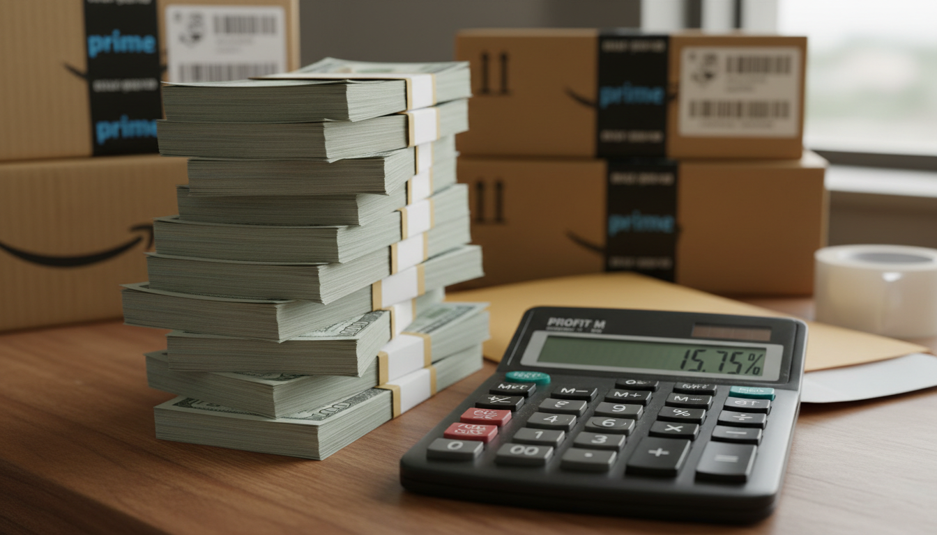 Close-up photo of stacked US dollar bills next to a calculator showing profit margin calculations with ecommerce packaging in background