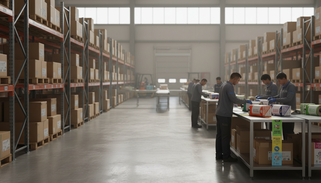 A professional photograph of a modern warehouse with rows of unbranded products being packaged with custom labels by workers