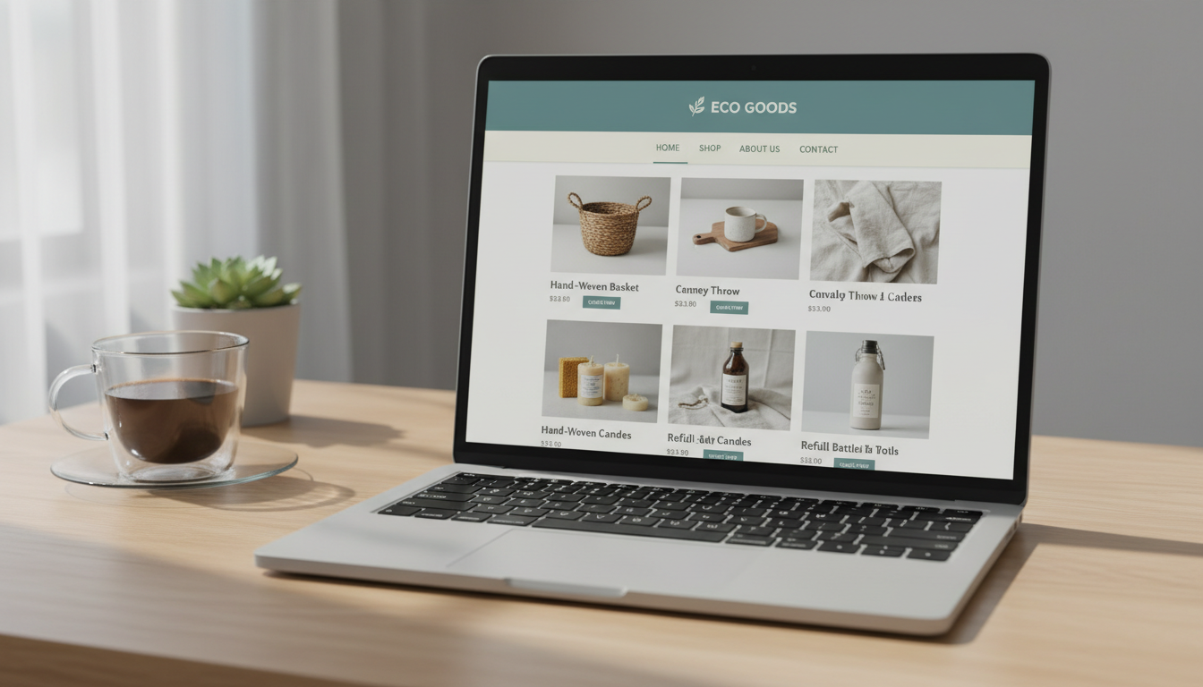 A professional online store interface displayed on a laptop screen showing product listings with cohesive brand colors and clean design layout