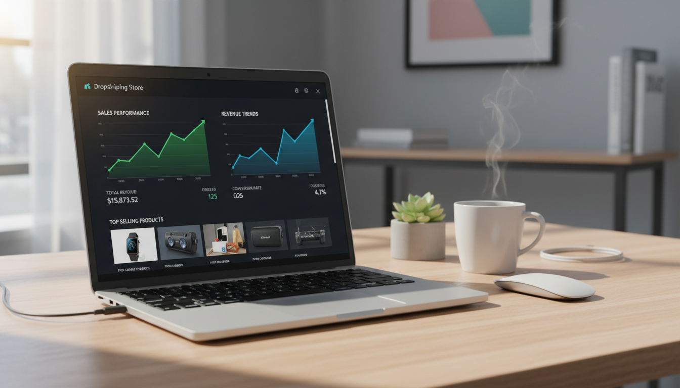 Professional photograph of a laptop displaying dropshipping store dashboard with sales graphs and revenue metrics on a clean desk workspace