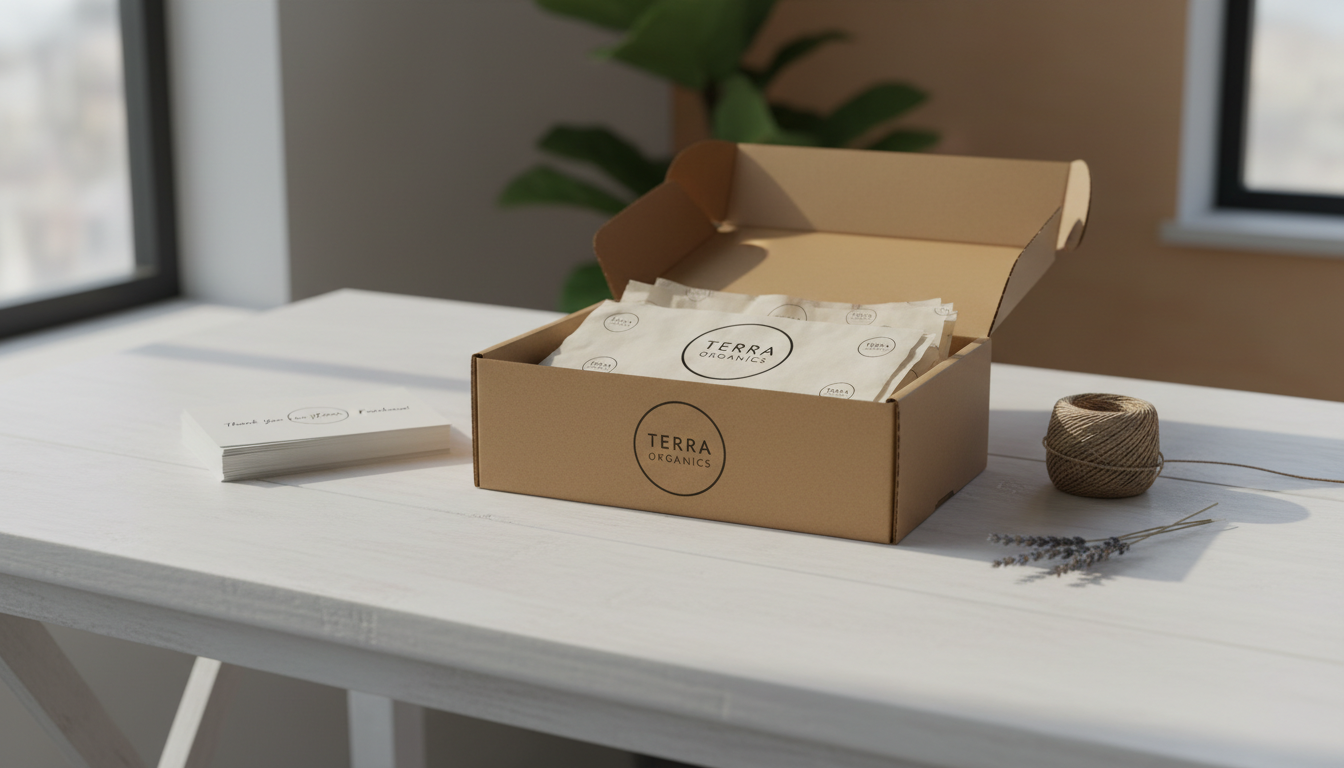 A clean workspace showing custom branded product packaging with logo, tissue paper, and thank-you cards arranged neatly on a white desk