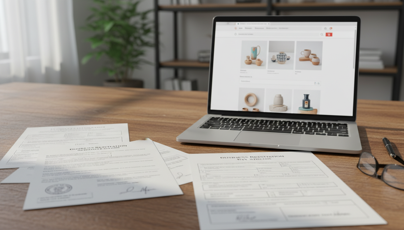 A professional photograph of a business registration document and tax forms on a wooden desk with a laptop displaying an online store interface