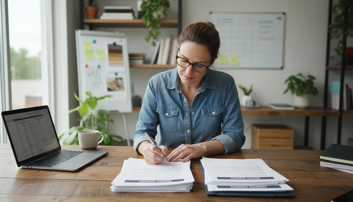 A photorealistic image of a small business owner reviewing supplier contracts and product authenticity certificates in a modern home office