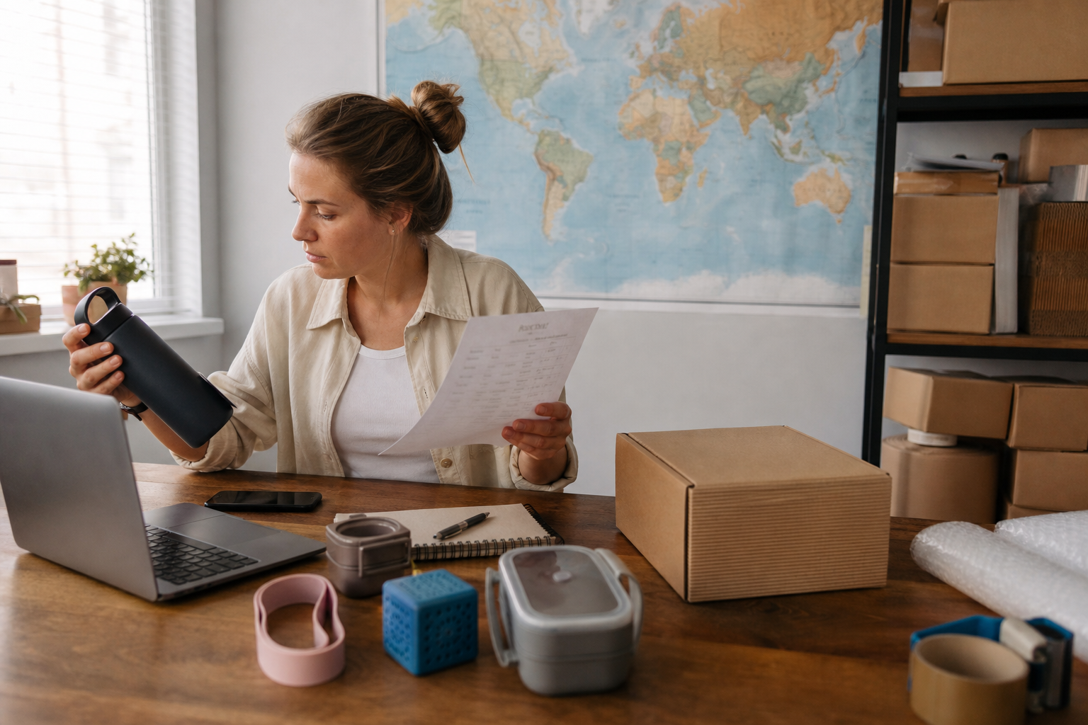 Australian seller reviewing product samples and an overseas fulfilment plan