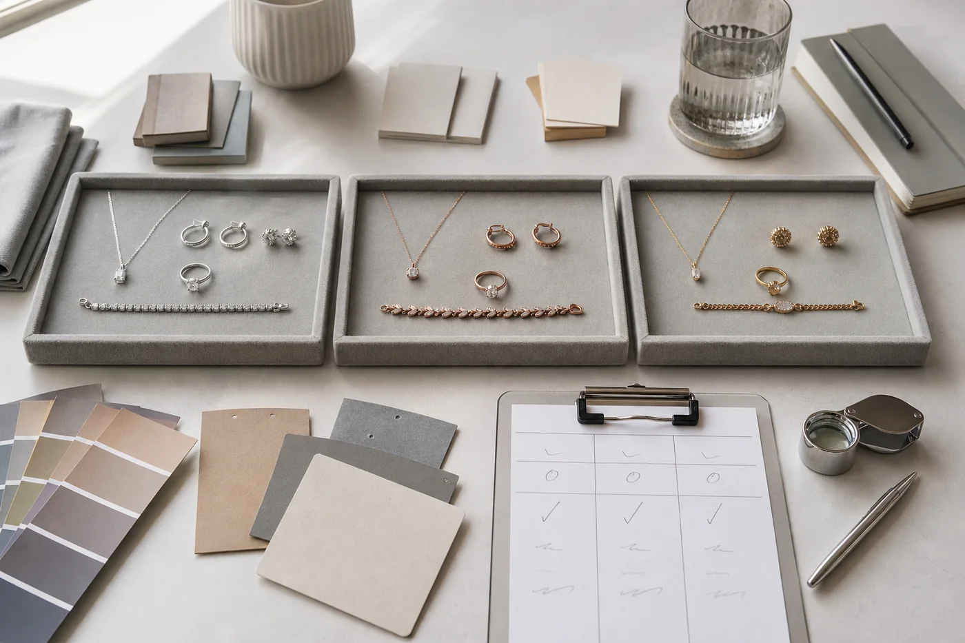 Three jewelry supplier sample collections arranged for side-by-side comparison
