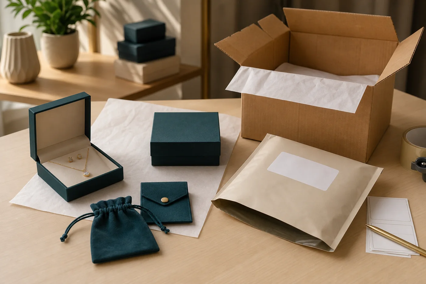 Jewelry gift packaging and protective mailer prepared for ecommerce fulfillment