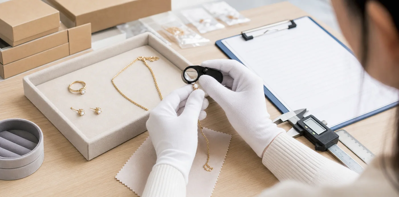 Jewelry sample quality control with a magnifier and measuring tools