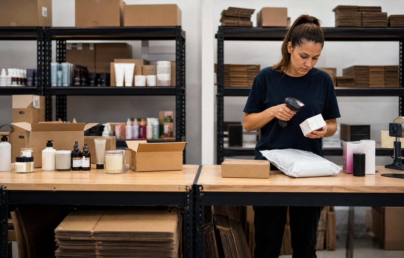 Worker scanning products in a practical fulfilment workspace