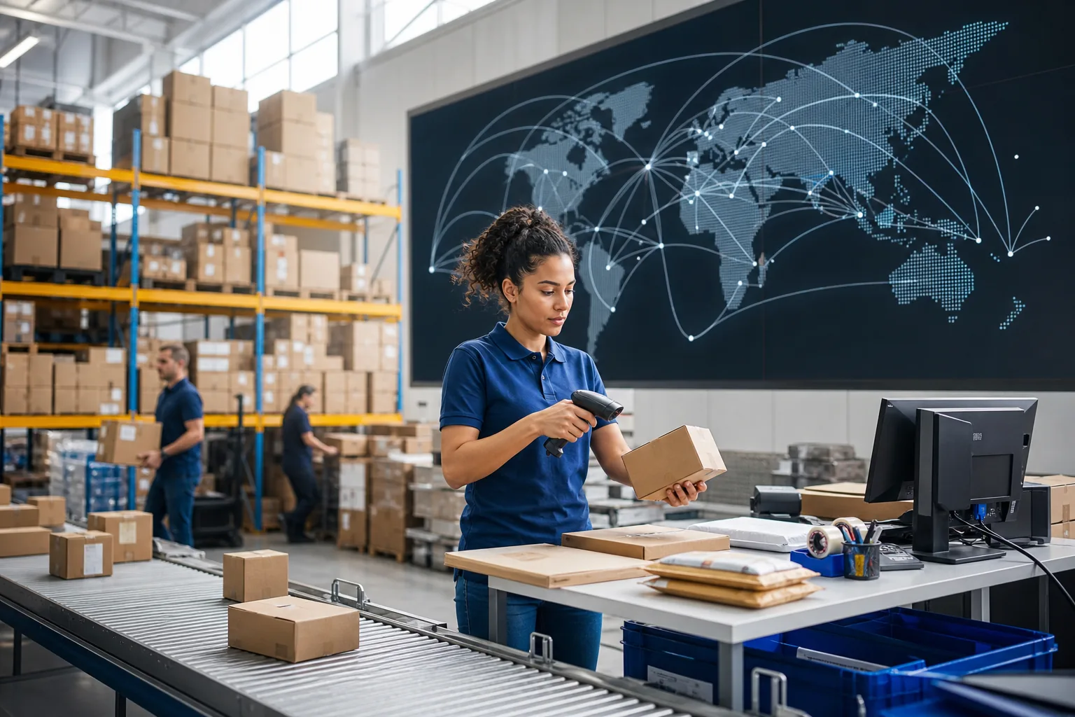 Warehouse worker scanning a parcel for global fulfillment