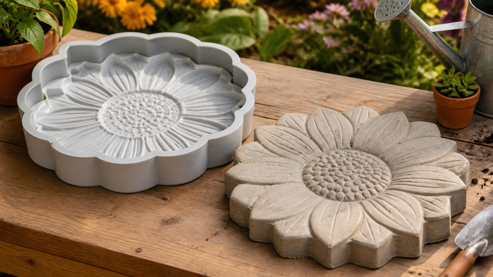 Sunflower concrete stepping-stone mold beside a freshly cast garden paver