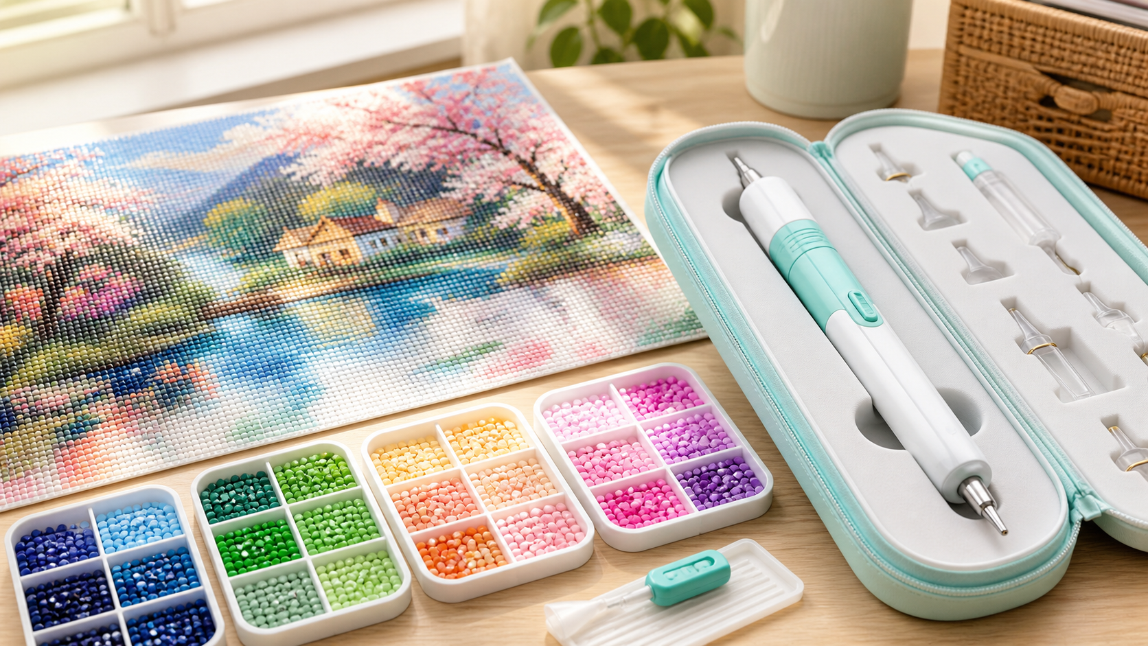 Automatic diamond-painting pen kit beside a colorful bead-art canvas