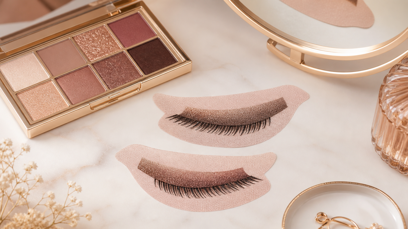Reusable eyeshadow and eyelash patches arranged beside a neutral makeup palette