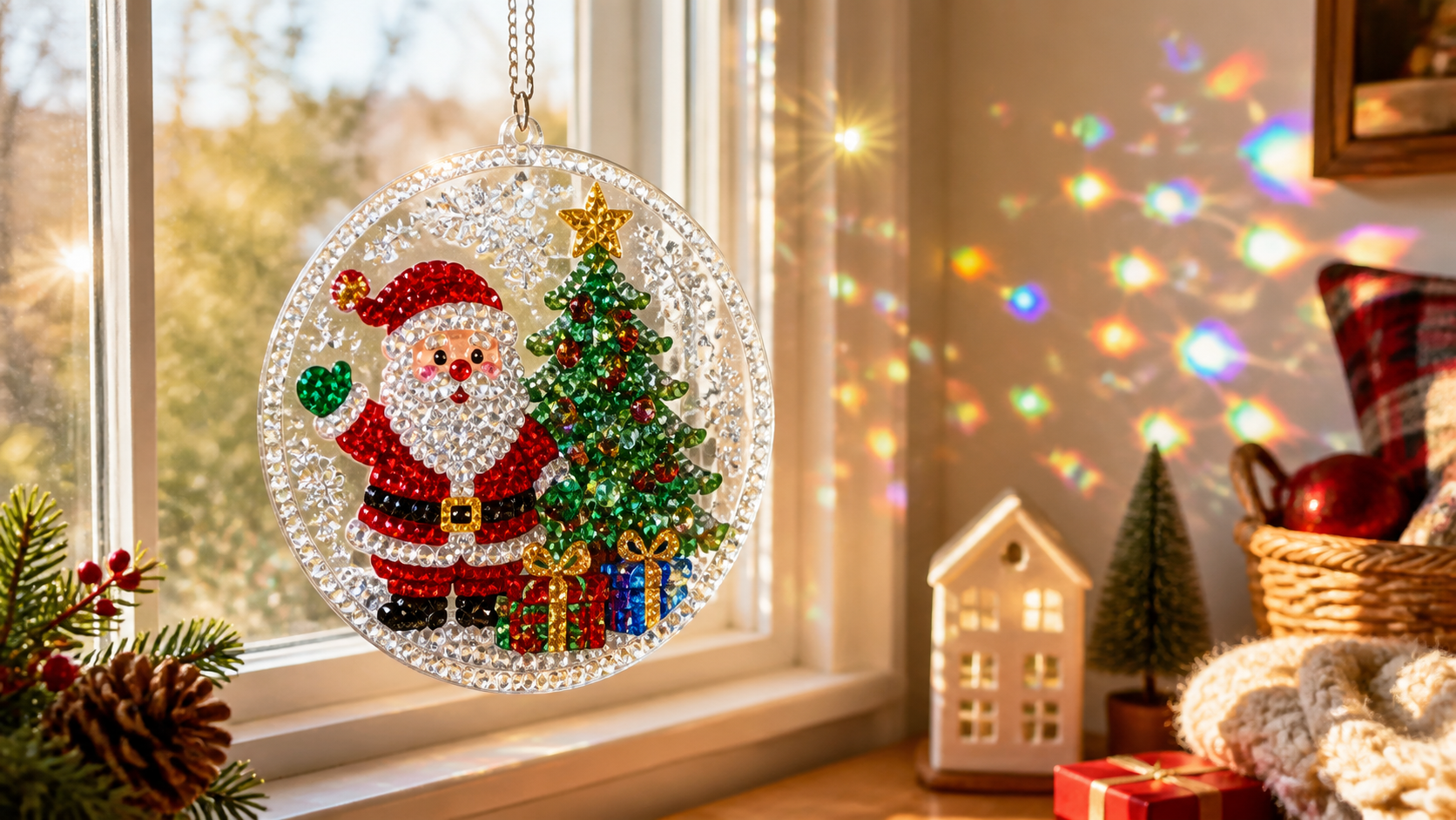 Christmas acrylic diamond-art suncatcher sparkling in a sunlit window