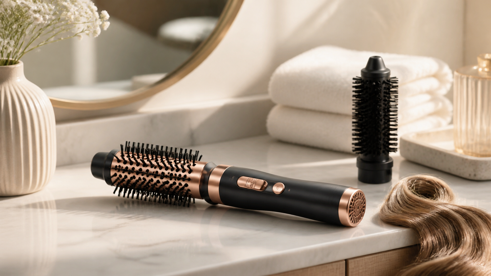 Two-in-one hot-air brush displayed on a warm morning vanity