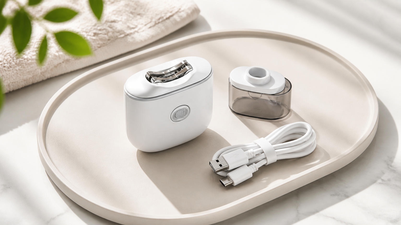 Compact electric nail clipper and grinder with collection chamber and charging cable