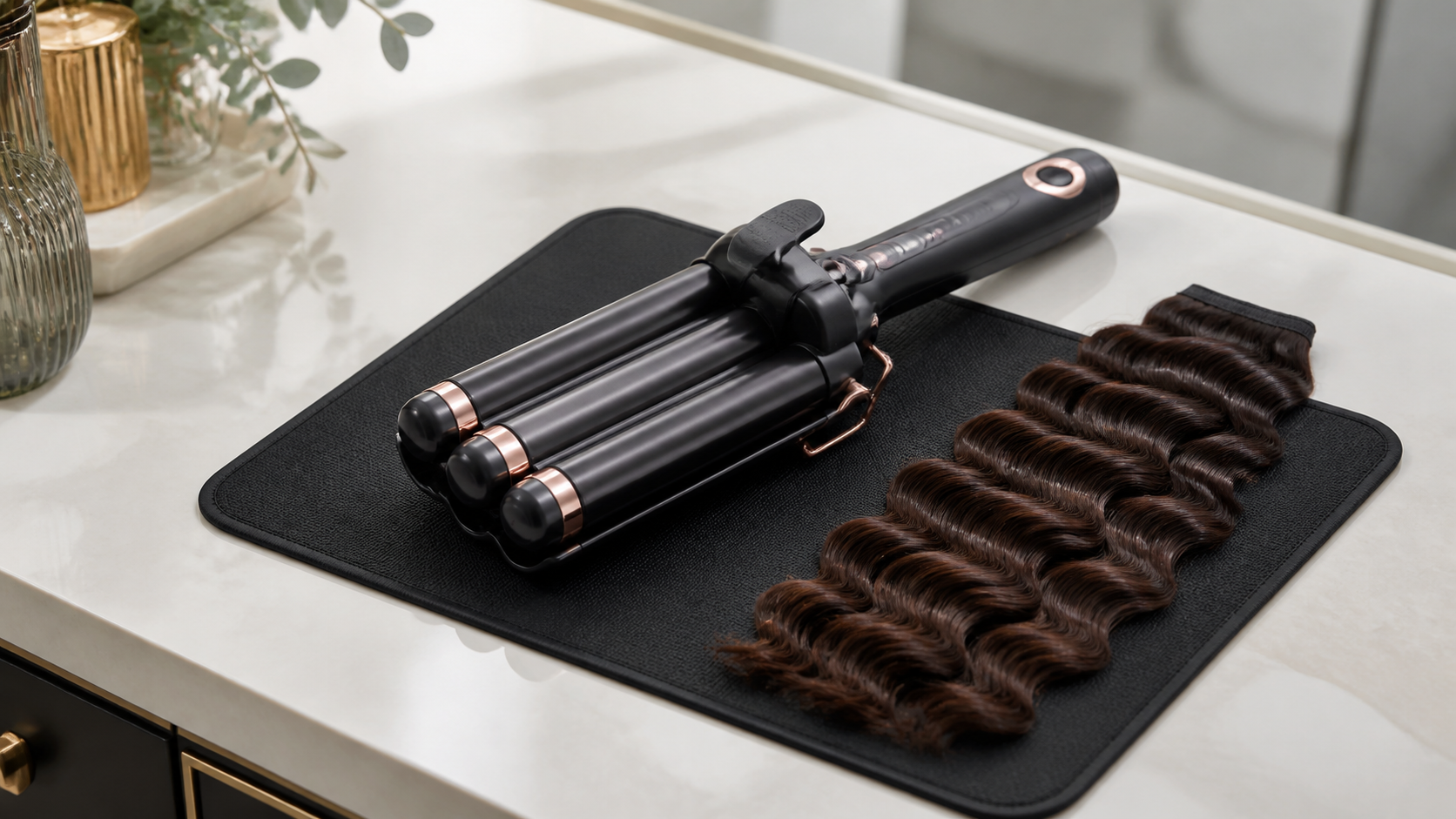 Triple-barrel water-wave hair crimper beside finished wavy hair swatches