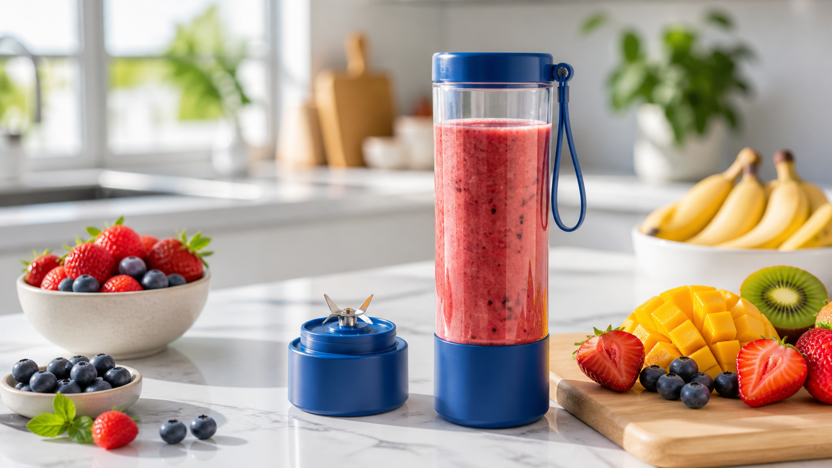 Portable wireless juicer cup with a berry smoothie and fresh fruit