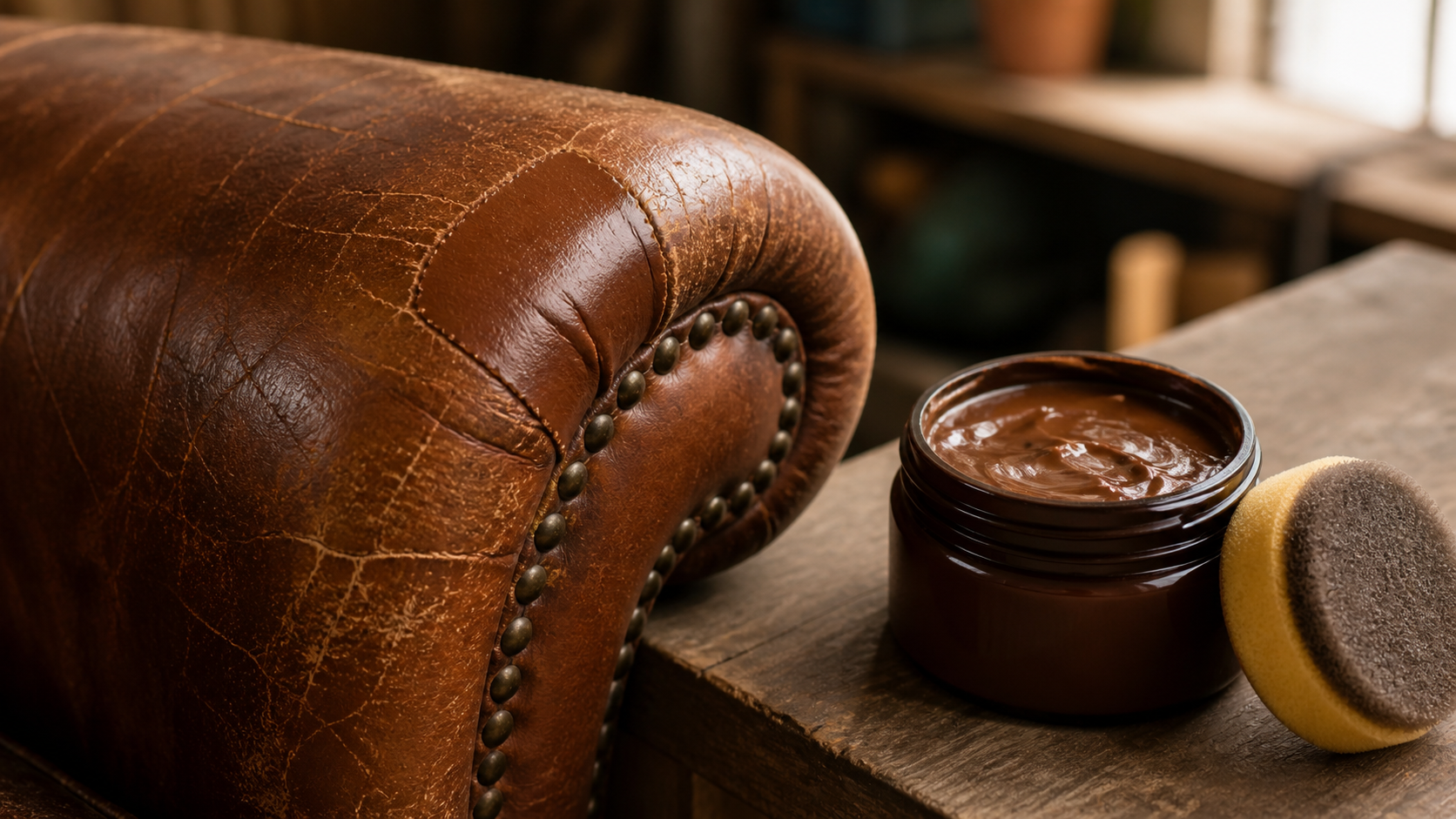 Leather color restorer cream beside a worn brown leather chair arm