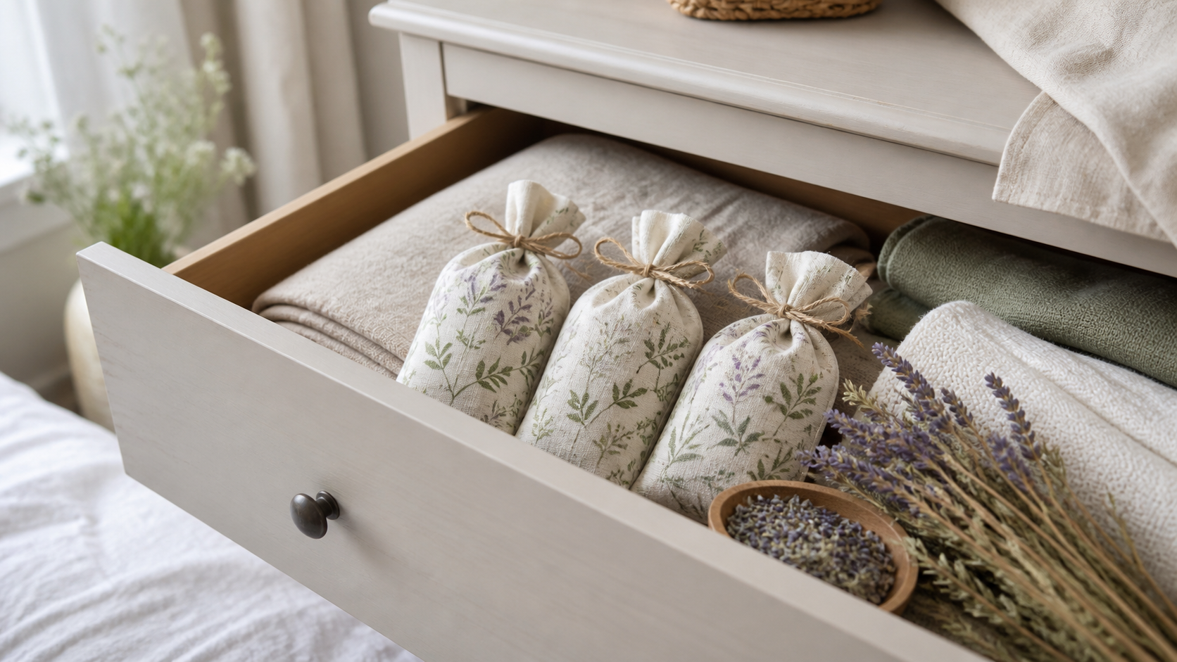 Botanical mite-repellent sachets arranged inside a clean linen drawer