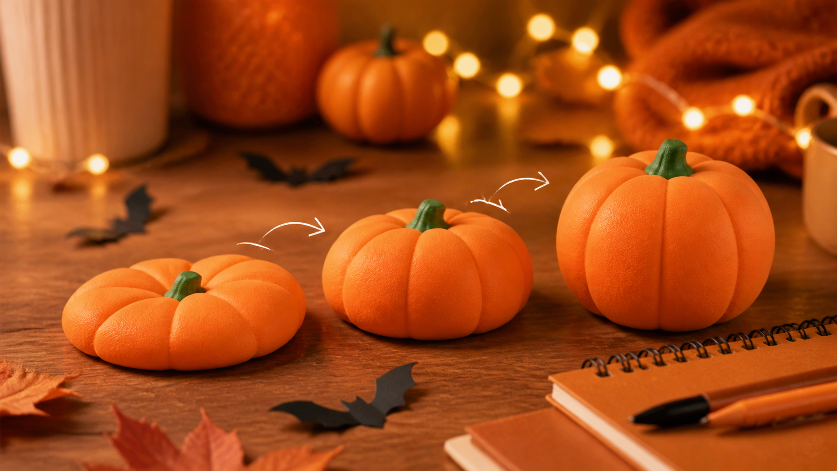 Orange slow-rising pumpkin squishy toys on a cozy Halloween desk