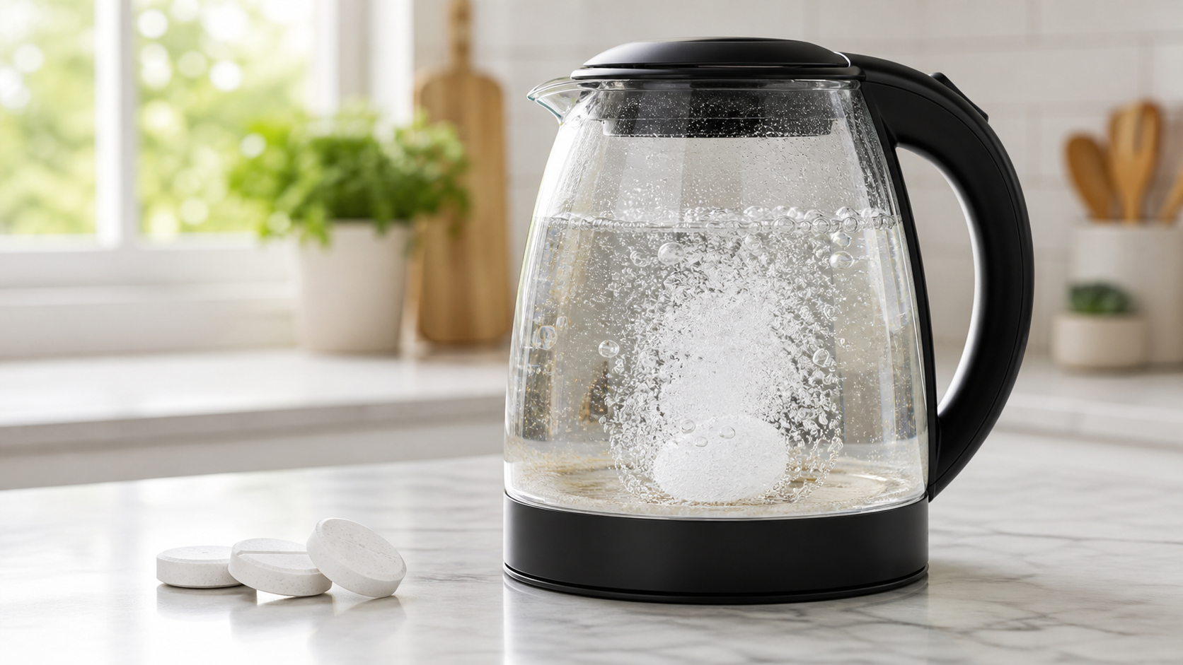 Limescale-cleaning tablet fizzing in a clear glass kettle