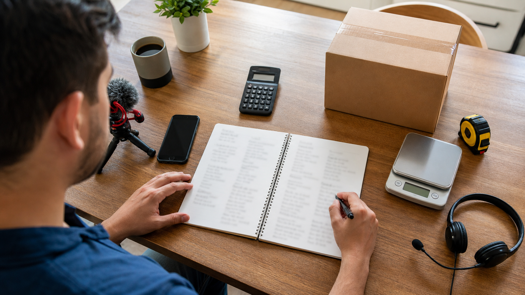 A beginner compares content tools and ecommerce operations using a notebook and calculator