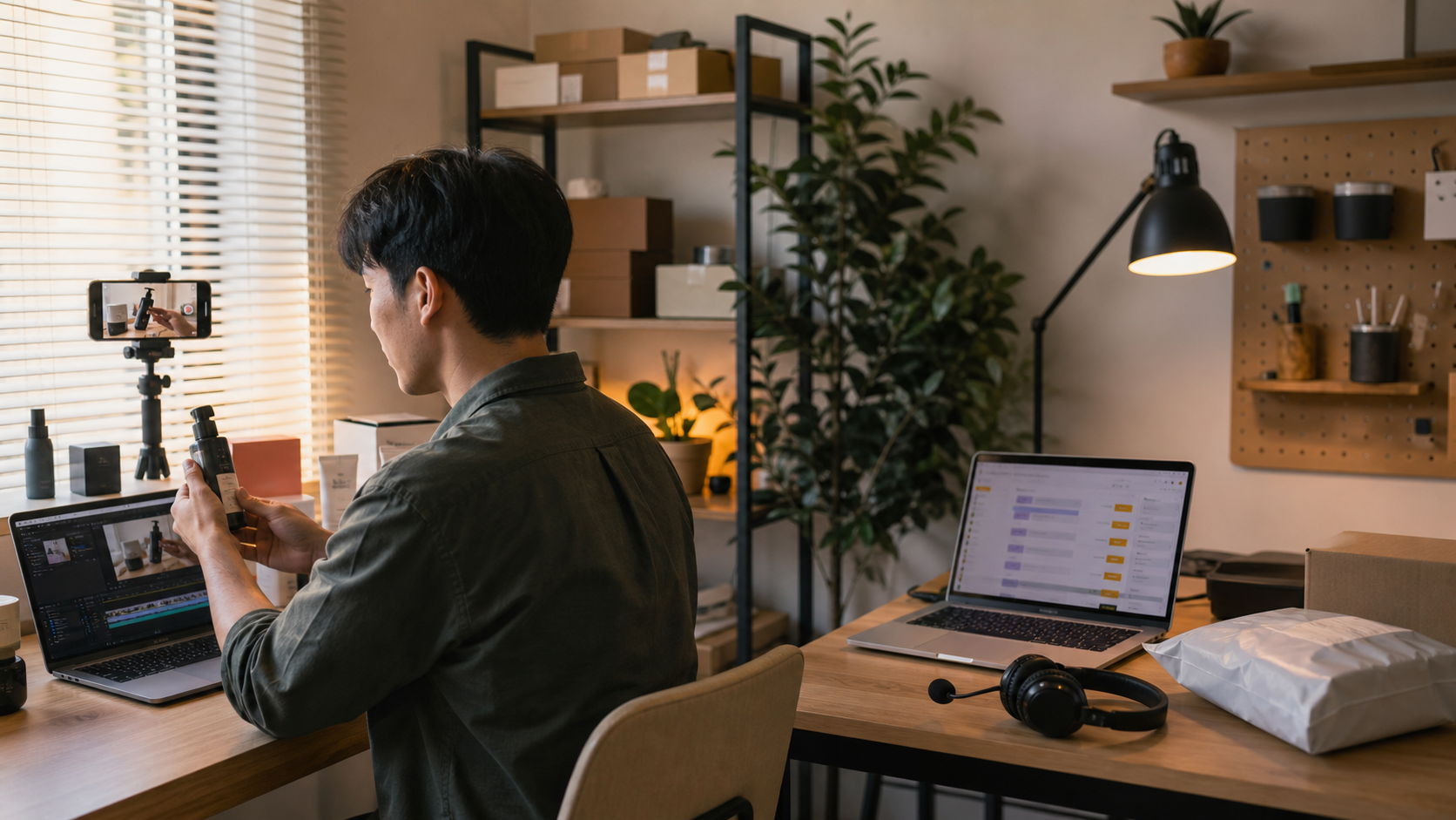 A creator records product content beside a separate ecommerce customer support workstation
