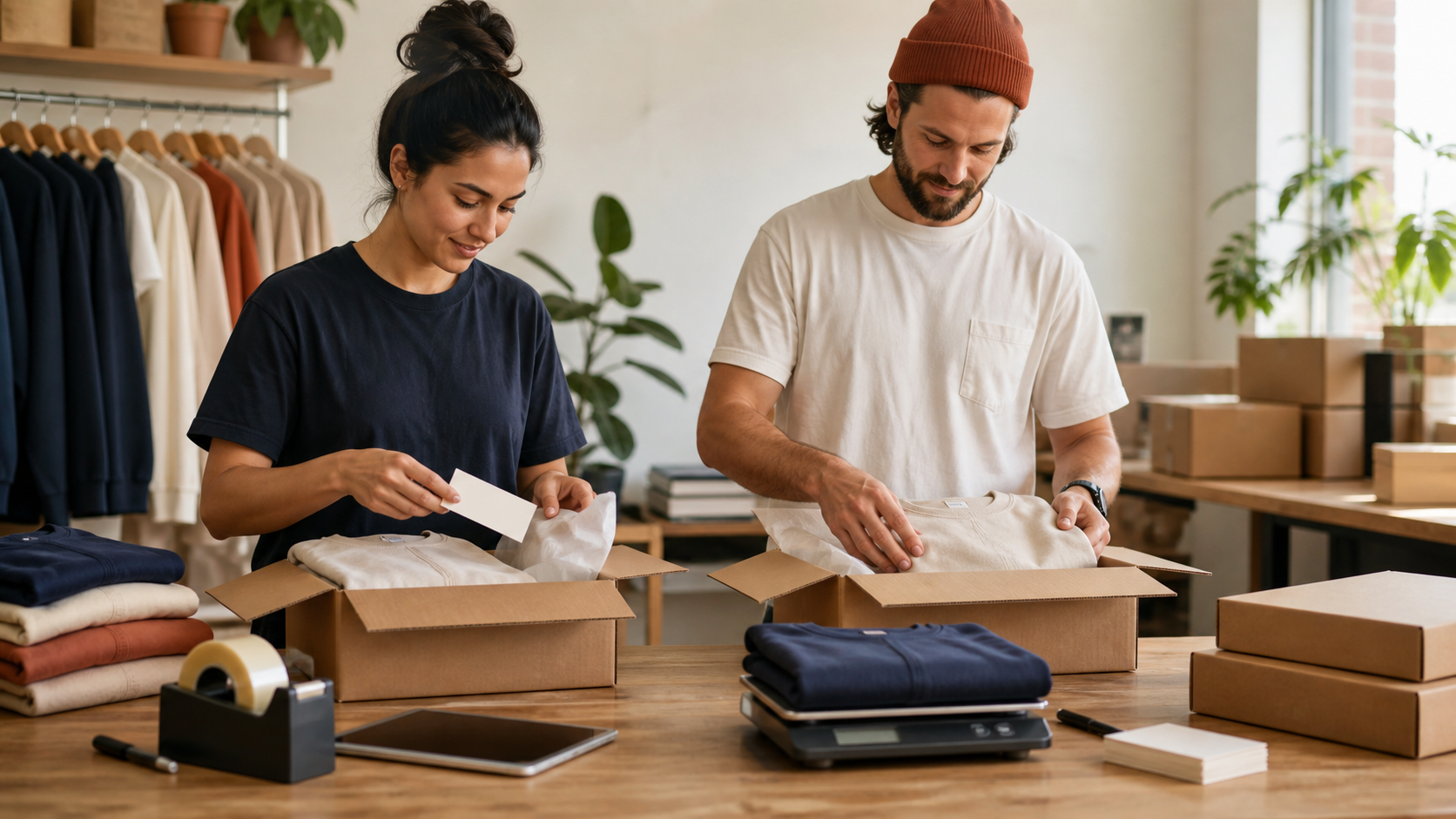 Small fashion brand team preparing custom apparel packaging for fulfillment
