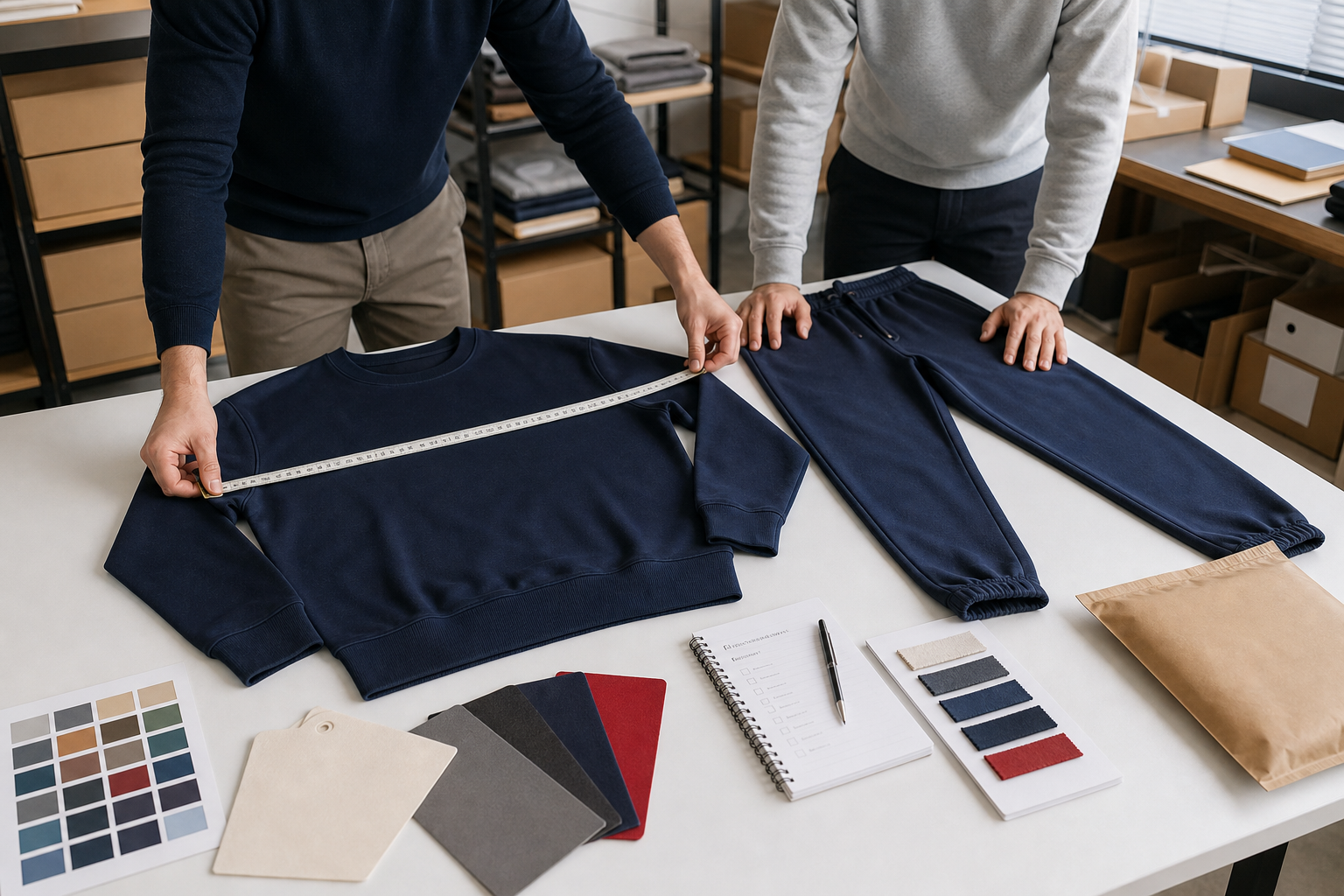Apparel dropshipping samples checked for sizing, fabric, color, stitching, and packaging