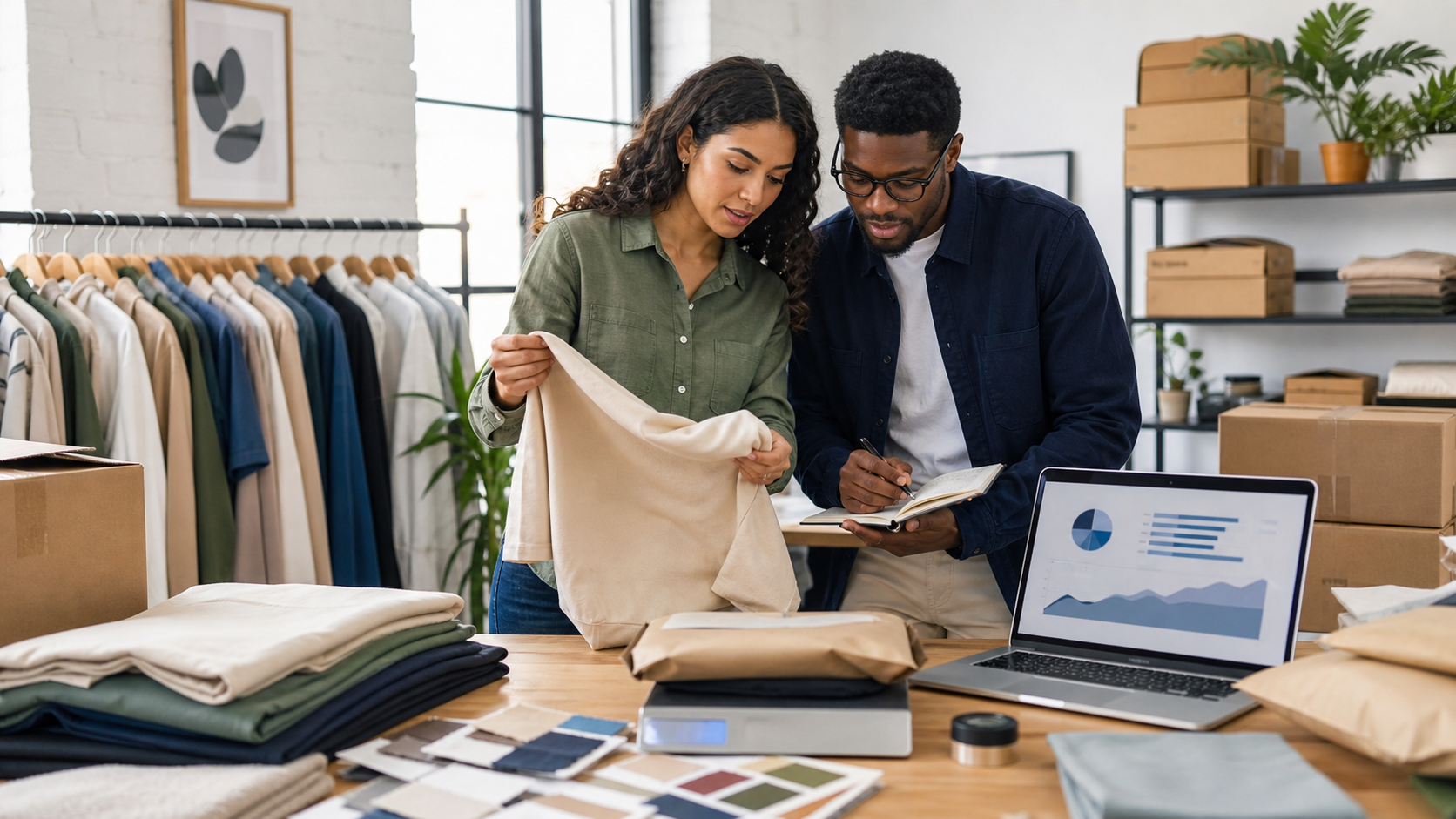 Fashion store owner comparing apparel samples and fulfillment details