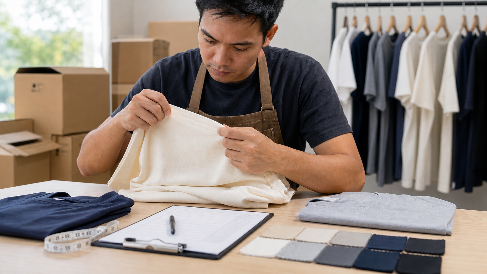 Apparel quality inspector checking seams, fabric, and size measurements