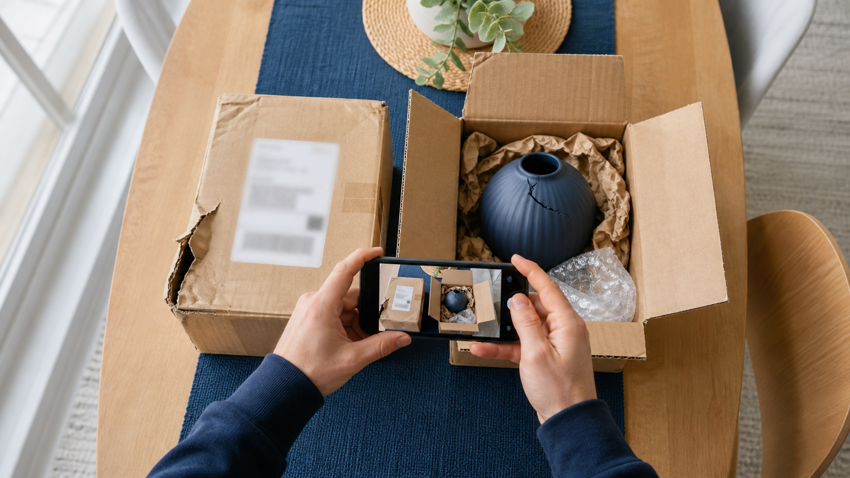 Customer photographing a damaged package, inner packing, and cracked product