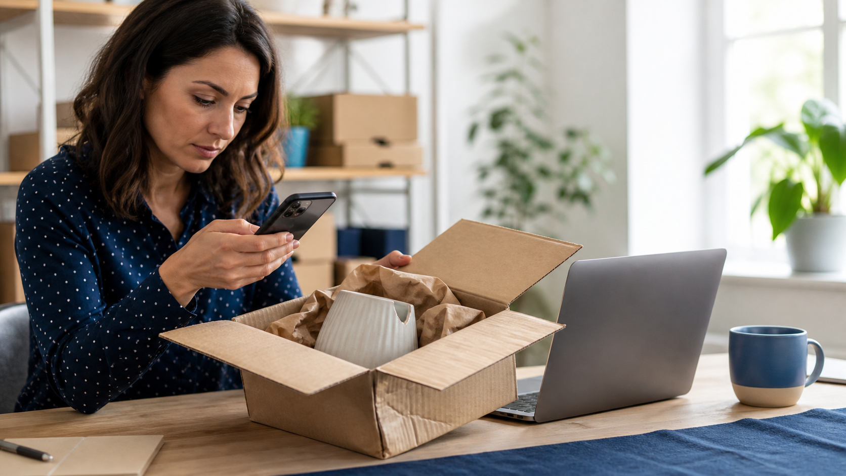 Dropshipping seller documenting a chipped product and dented shipping box
