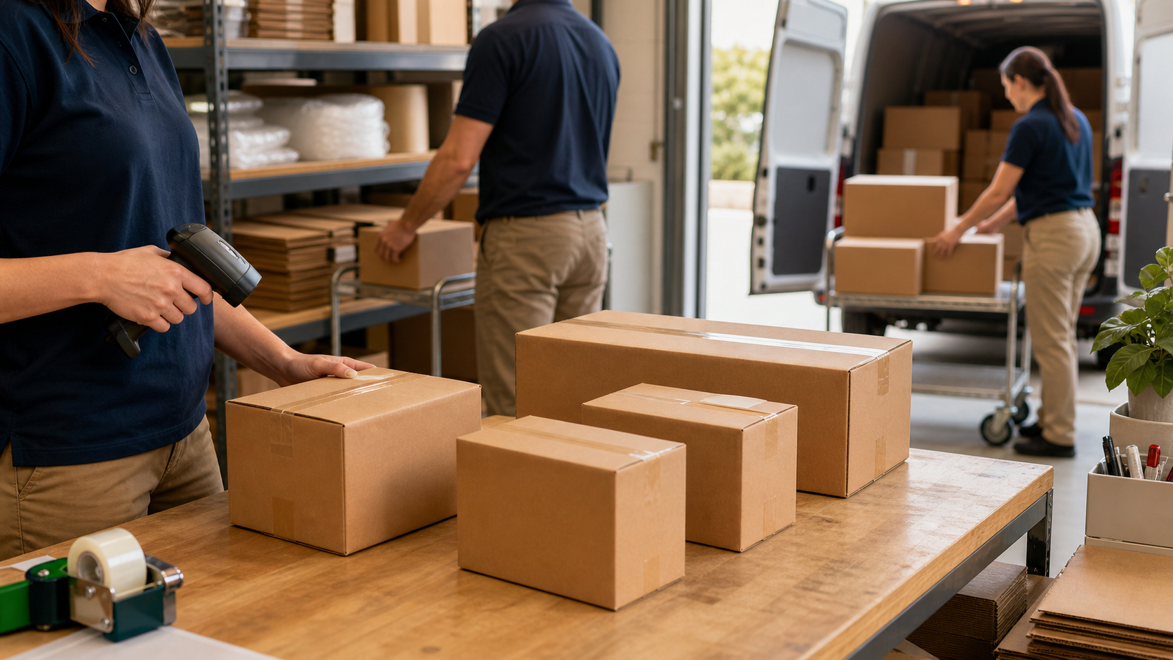 An ecommerce fulfillment team scanning and dispatching several parcels