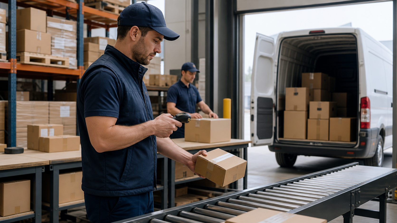 Warehouse worker scanning a parcel during a fast and trackable fulfillment handoff
