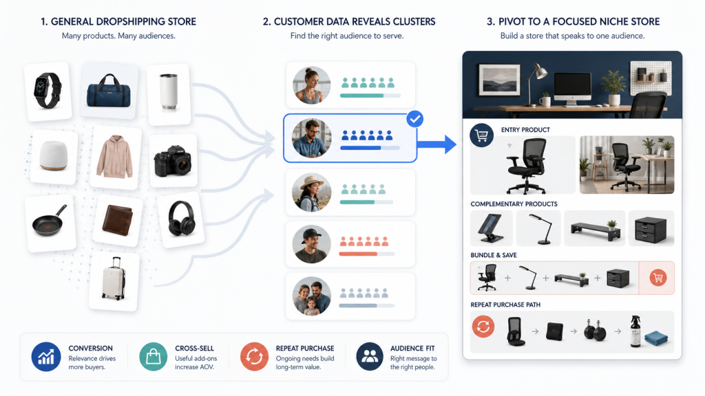 General dropshipping store product data organized into one focused niche customer cluster