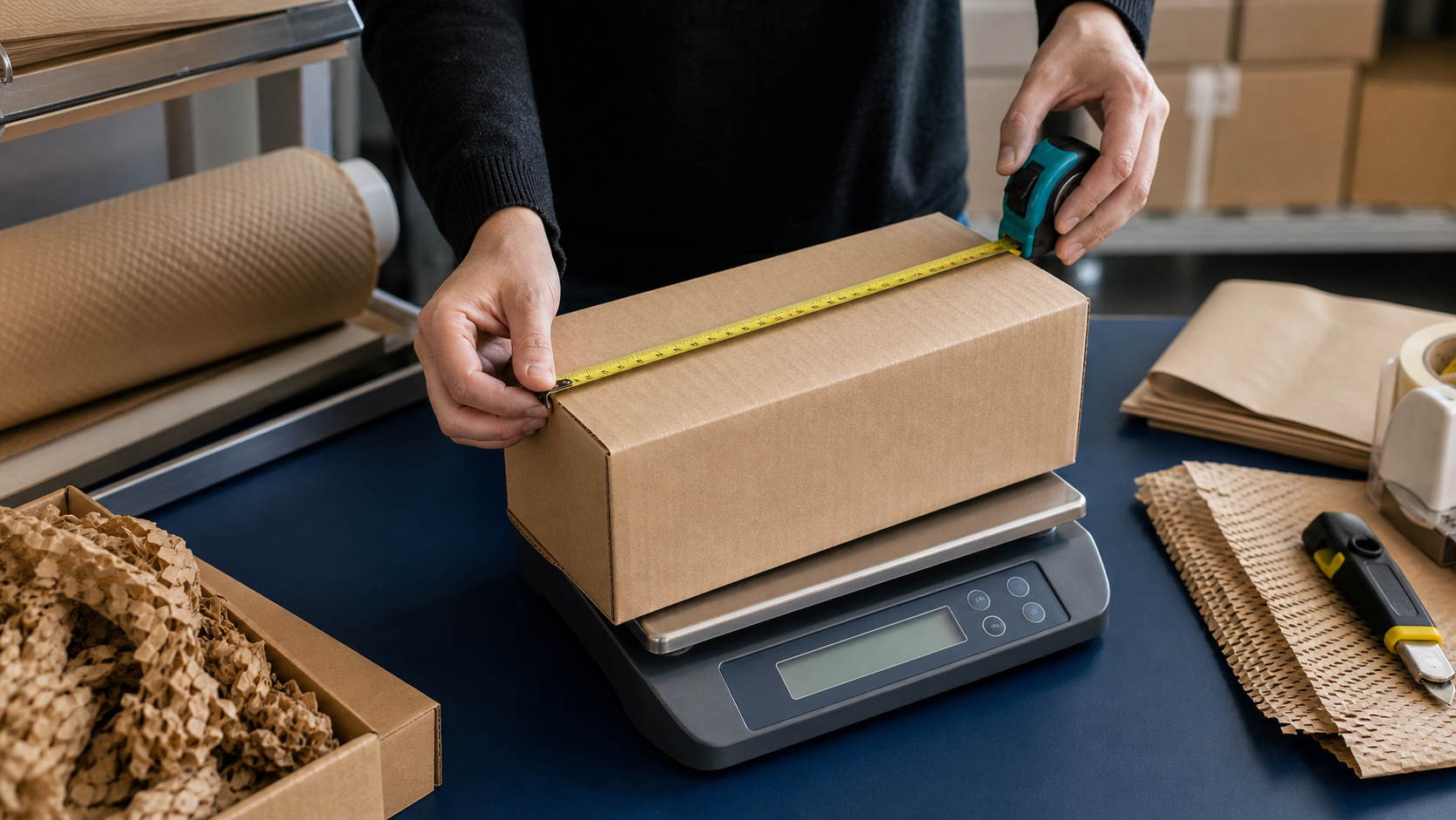 A parcel being measured and weighed on a warehouse packing bench
