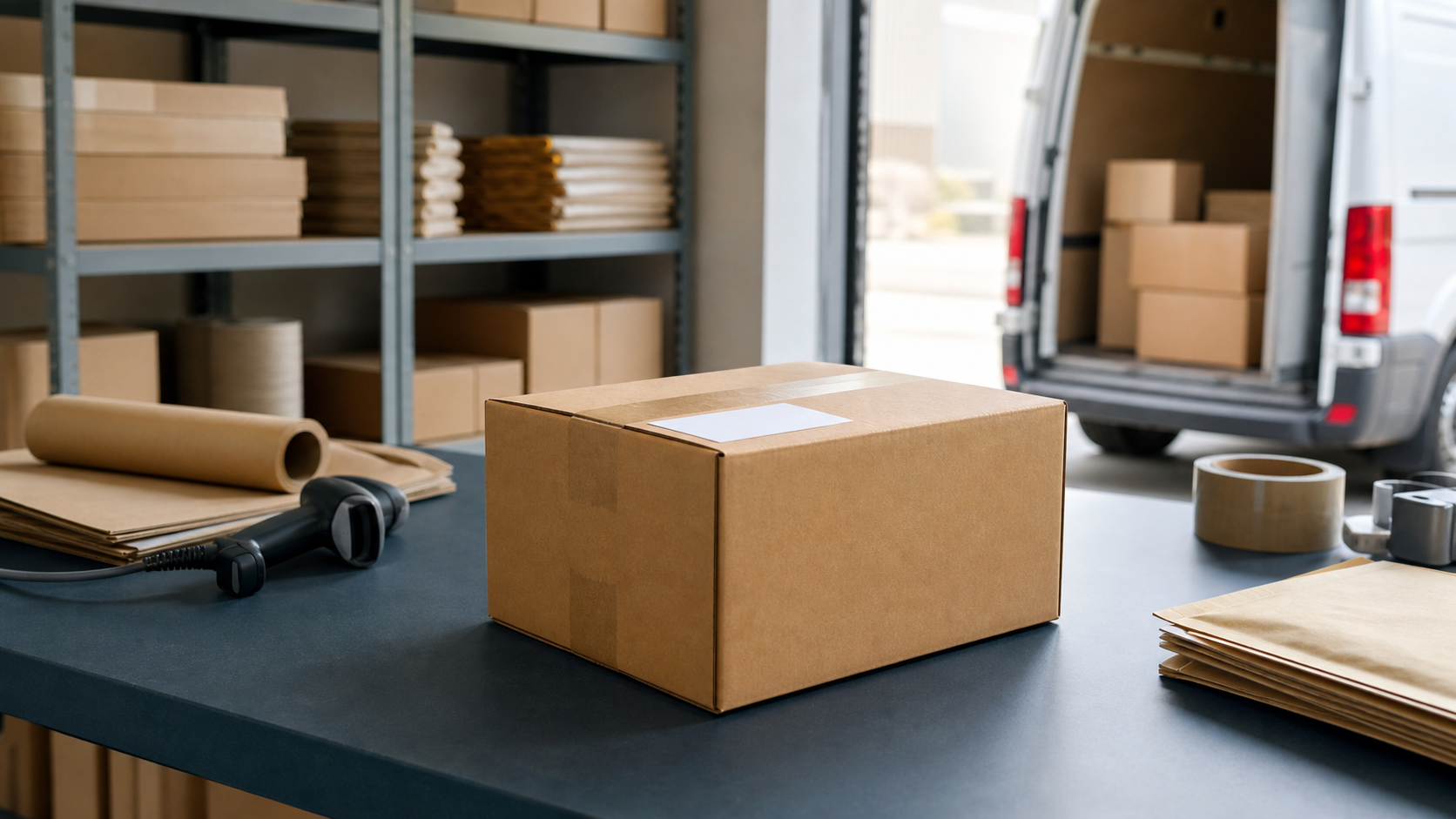 Packed cardboard parcel ready for pickup in an ecommerce fulfillment workspace