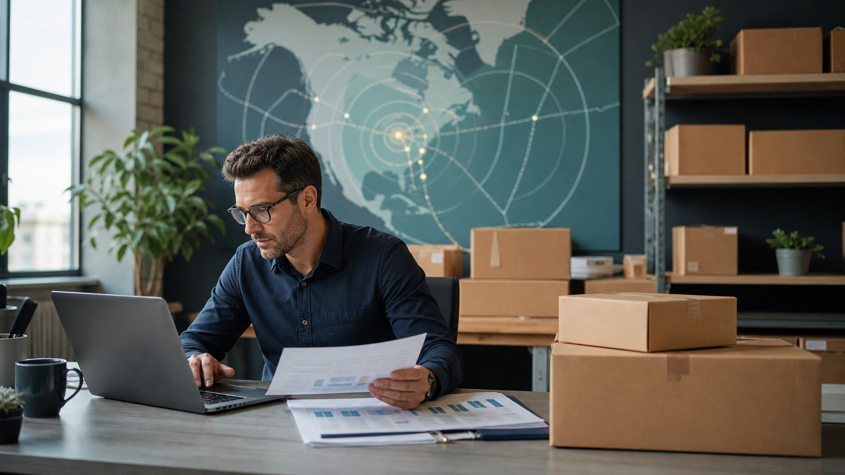 Ecommerce manager comparing shipping-zone costs beside unbranded parcels