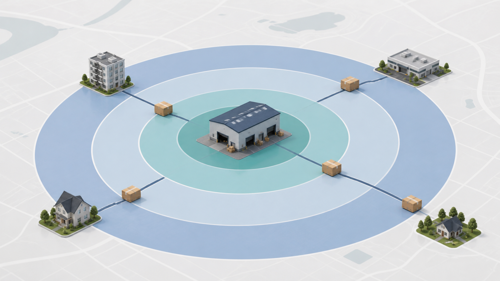 Warehouse at the center of concentric shipping zones with parcels moving to near and far destinations