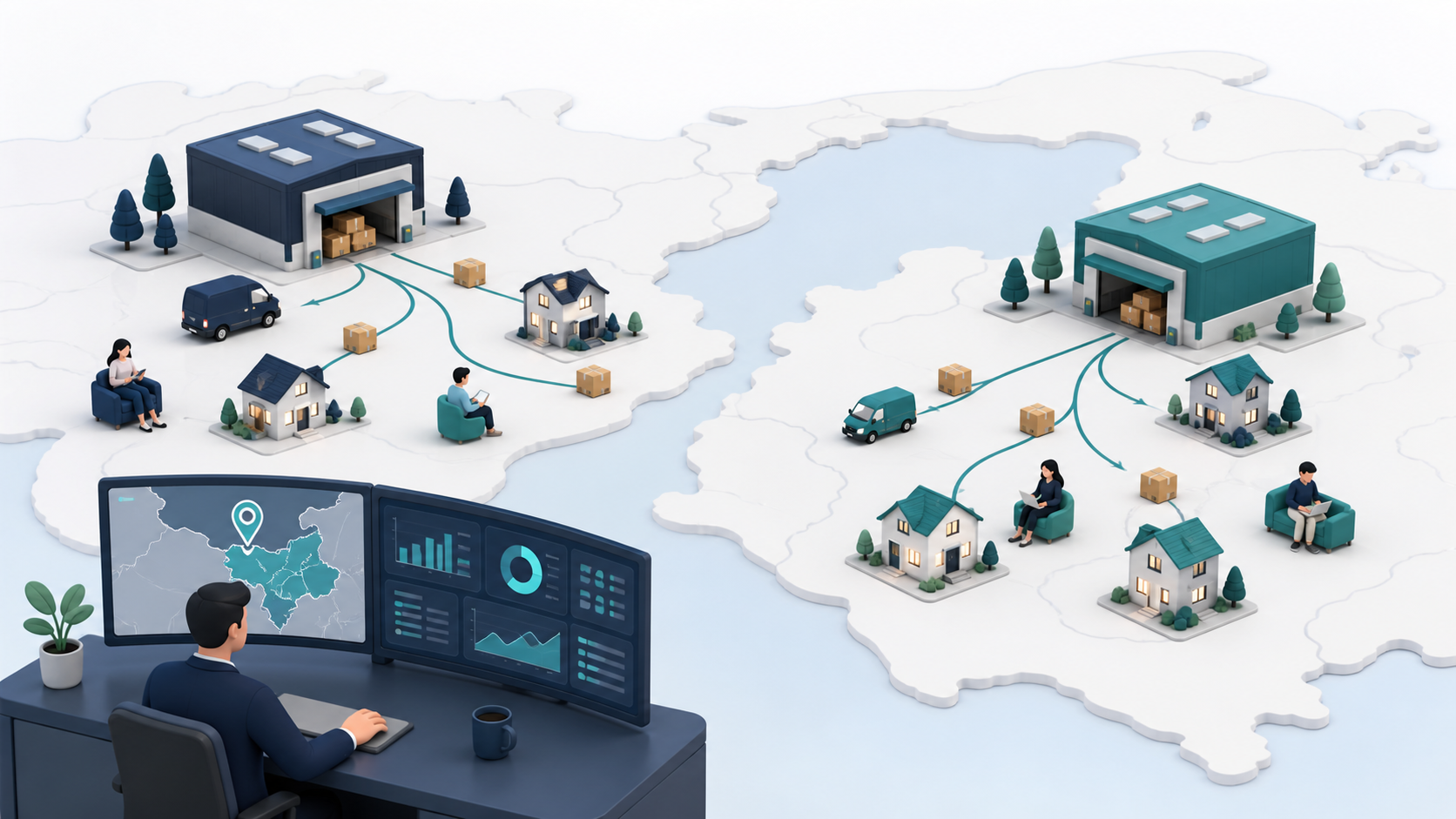 Regional warehouses routing parcels to nearby customer clusters to reduce delivery distance